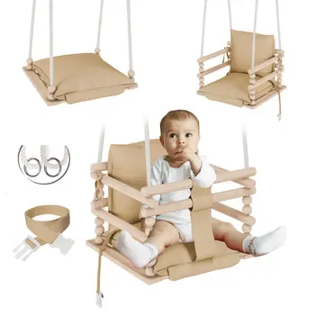 MAMOI® Balancoire bebe pour interieur, Siege balançoire pour bébé, Balancelle de coton en bois naturel, Baby swing pour enfant  à partir de 1 an, 3 en 1