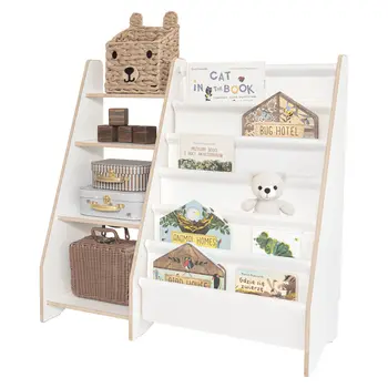 MAMOI® Bookshelf and toy storage for kids, functional 2-in-1 organizer, wooden shelf with compartments and fabric pockets, children's bookcase, Montessori-style furniture, 100% eco, made in EU