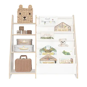 MAMOI® Bookshelf and toy storage for kids, functional 2-in-1 organizer, wooden shelf with compartments and fabric pockets, children's bookcase, Montessori-style furniture, 100% eco, made in EU
