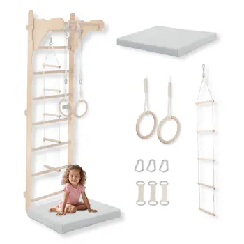 MAMOI® Scala ginnica per bambini (210 cm) | Scala a muro in legno | Struttura per arrampicata per bambini | Ruote ginniche | Materasso protettivo | Scala in corda | 100% ECO | Made in EU