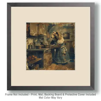 Grizzly Bear in the Kitchen - 8"x8" Wall Art Print - Mowbi's Funny Humor Humorous Collection