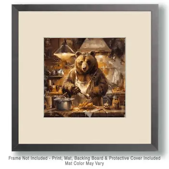 Grizzly Bear Cook - 8"x8" Wall Art Print - Mowbi's Funny Humor Humorous Collection