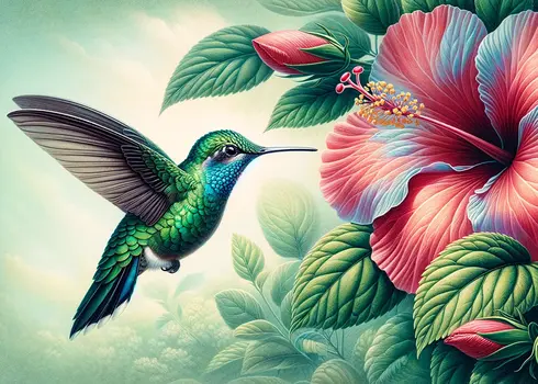Vintage Hummingbird with Hibiscus Flower 8"x10" Art Print
