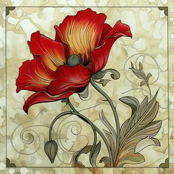 August Poppy Art Nouveau Birth Flower 8"x8" Art Print