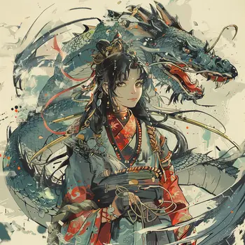 Onna-musha With Her Dragon 8”x8” Art Print