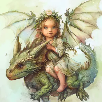 A Baby Fairy Riding Her Dragon 8”x8” Art Print