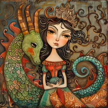Folk Art Dragon Princess 8”x8” Art Print