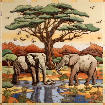 African Elephant Folk 8”x8” Art Print