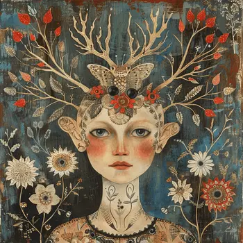 Vintage Folk Art Freya the Norse Goddess 8”x8” Art Print
