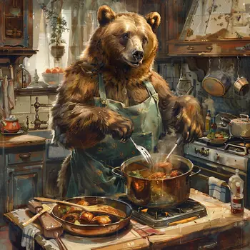 Grizzly Cook - 8"x8" Wall Art Print - Mowbi's Funny Humor Humorous Collection