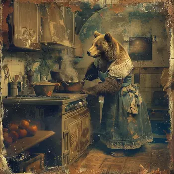 Grizzly Bear in the Kitchen - 8"x8" Wall Art Print - Mowbi's Funny Humor Humorous Collection
