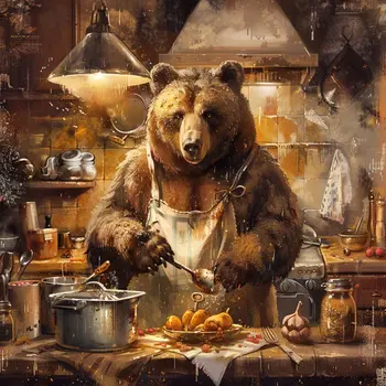 Grizzly Bear Cook - 8"x8" Wall Art Print - Mowbi's Funny Humor Humorous Collection