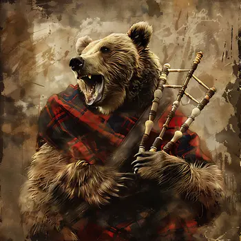 Grizzly Bear Playing the Bagpipes  8”x8” Art Print