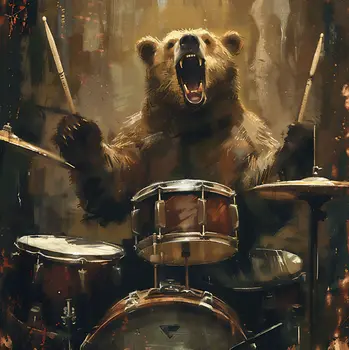Grizzly Bear Playing the Drums 8”x8” Art Print