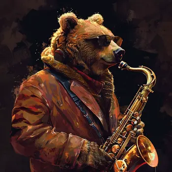 Grizzly Bear Playing the Saxophone 8”x8” Art Print
