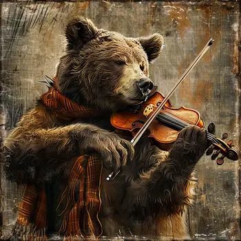 Grizzly Bear Playing Violin 8"x8" Art Print