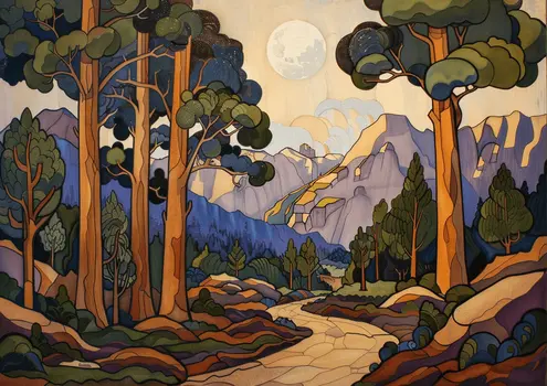 Down the Forest Path Art Deco Landscape 5"x7" Art Print