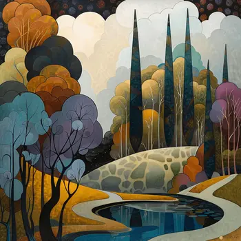 Art Deco Fall Landscape 8"x8" Art Print