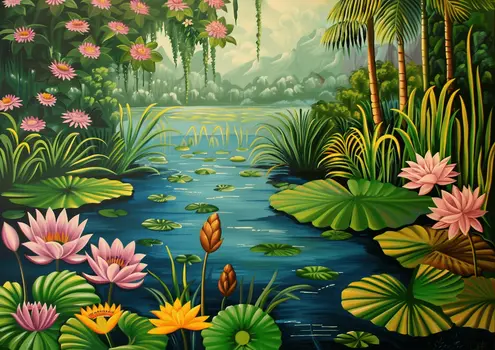 Whimsical Lily Pad Pond Landscape 5”x7” Art Print