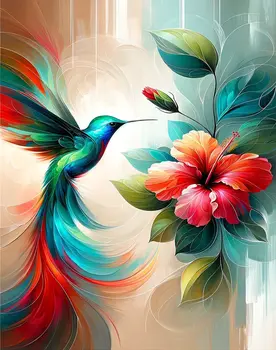 Expressionist Hummingbird and Hibiscus 8”x8” Art Print