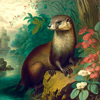 Vintage Otter on Riverbank 8”x8” Art Print