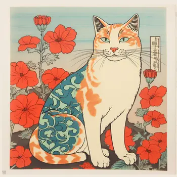 Cat with Poppies 8”x8” Art Print