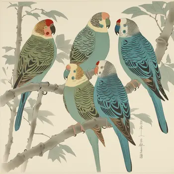 Five Parakeets Asian Bird 8”x8” Art Print
