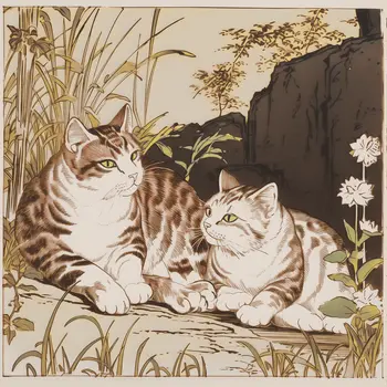 Two Cats Asian 8"x8" Art Print