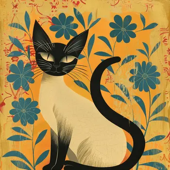 Floral Folk Art Style Siamese Cat 8"x8" Art Print