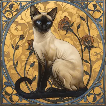Gold Art Nouveau Style Siamese Cat 8"x8" Art Print