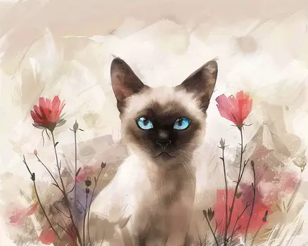 Three Poppies and a Siamese Cat Kitten 8”x10” Art Print