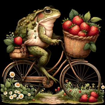 Toad on a Bicycle with a Basket of Strawberries 8"x8" Art Print