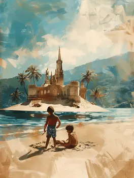 Boys and a Sandcastle House 8x8 Art Print
