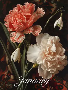 January Carnation and Snowdrop Birth Flowers 8"x10" Art Print