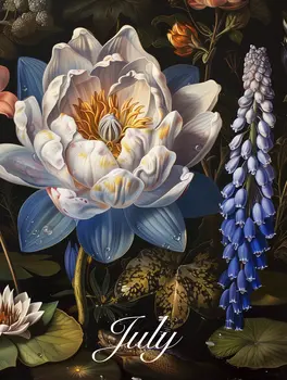 July Water Lily and Delphinium Birth Flowers 8"x10" Art Print