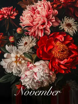 November Peony and Chrysanthemum Birth Flowers 8"x10" Art Print