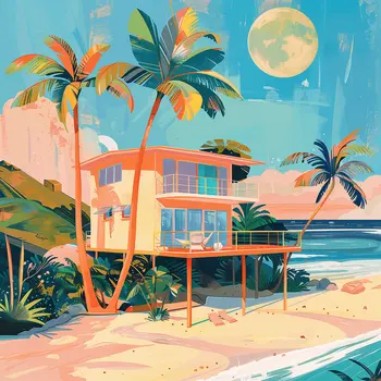 Mid-Century Modern Beach House Oasis: 8x8 Art Print