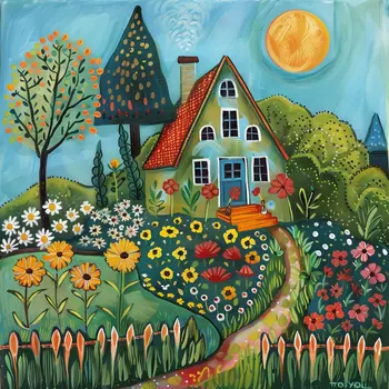 Blue Cottage with Garden 8"x8" Art Print