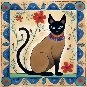 Siamese Symphony - Folk Art Style -  8"x8" Art Print