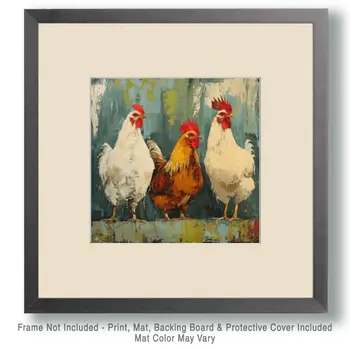 Mowbi's Chicken Farmcore Farmhouse Decor - 8"x8" Wall Art Print - Three Impressionist Chickens