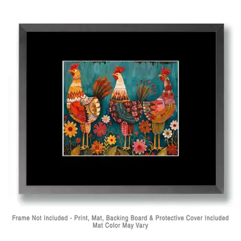 Mowbi's Chicken Farmcore Farmhouse Decor - 8"x10" Wall Art Print - Three Folk Art Chickens