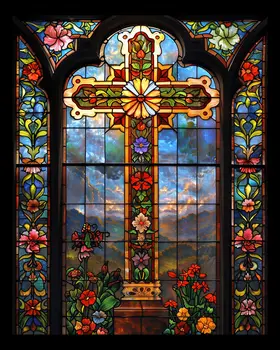 Vintage Stained Glass Christian Cross 8"x10" Art Print