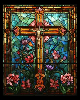 Floral Stained Glass Christian Cross 8"x10" Art Print