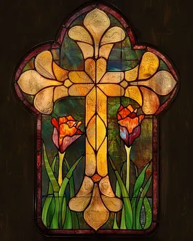 Stained Glass Christian Cross with Tulips 8"x10" Art Print