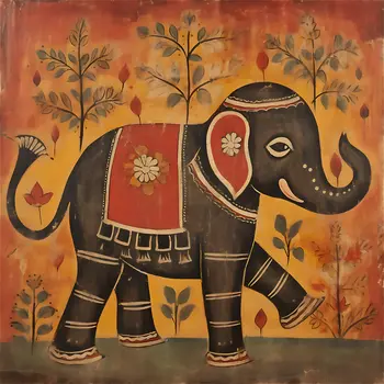 Elephant Majesty - Folk Art Style - 8"x8" Art Print