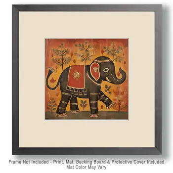 Elephant Majesty - Folk Art Style - 8"x8" Art Print