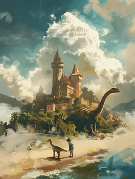 Boy and Dinosaur with a Sandcastle Home 8x8 Art Print