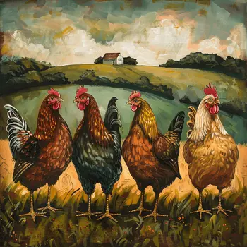 Four Folk Art Chickens 8"x8" Art Print