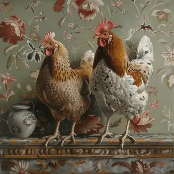 Chickens on the Mantel 8"x8" Art Print