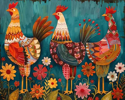 Mowbi's Chicken Farmcore Farmhouse Decor - 8"x10" Wall Art Print - Three Folk Art Chickens
